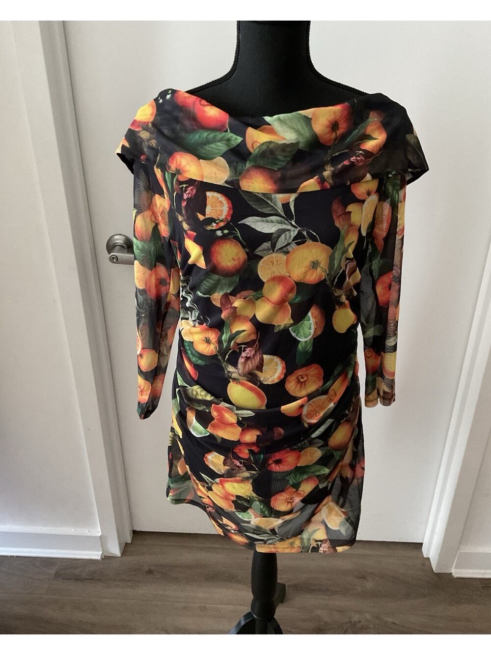 Karen Millen Fruit Print Mesh Ruched Mini Bodycon Dress 14 Black Cowl Neck